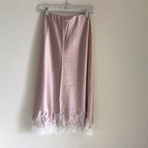 Pink Satin Lace-Hem Midi Skirt